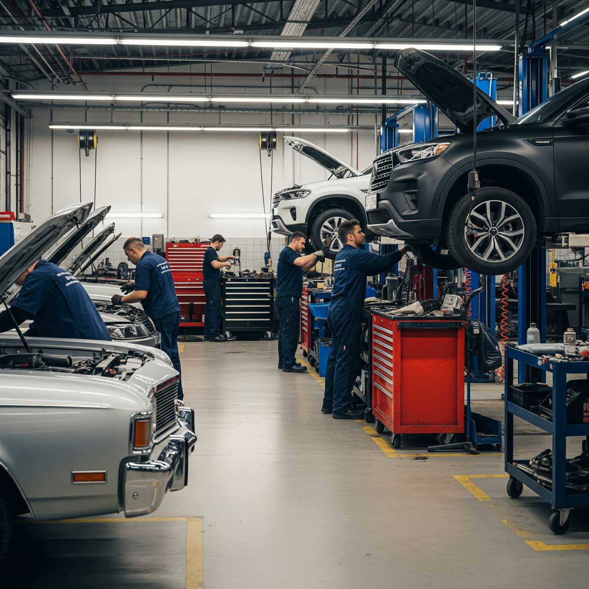 Auto repair service bay with a mechanic working on a car