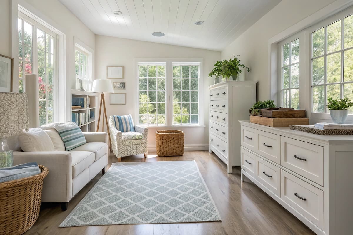 Home cleaning team preparing a living room for deep cleaning