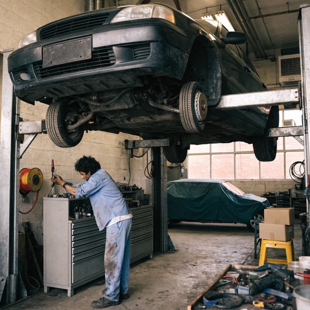 Auto repair service bay with a mechanic working on a car
