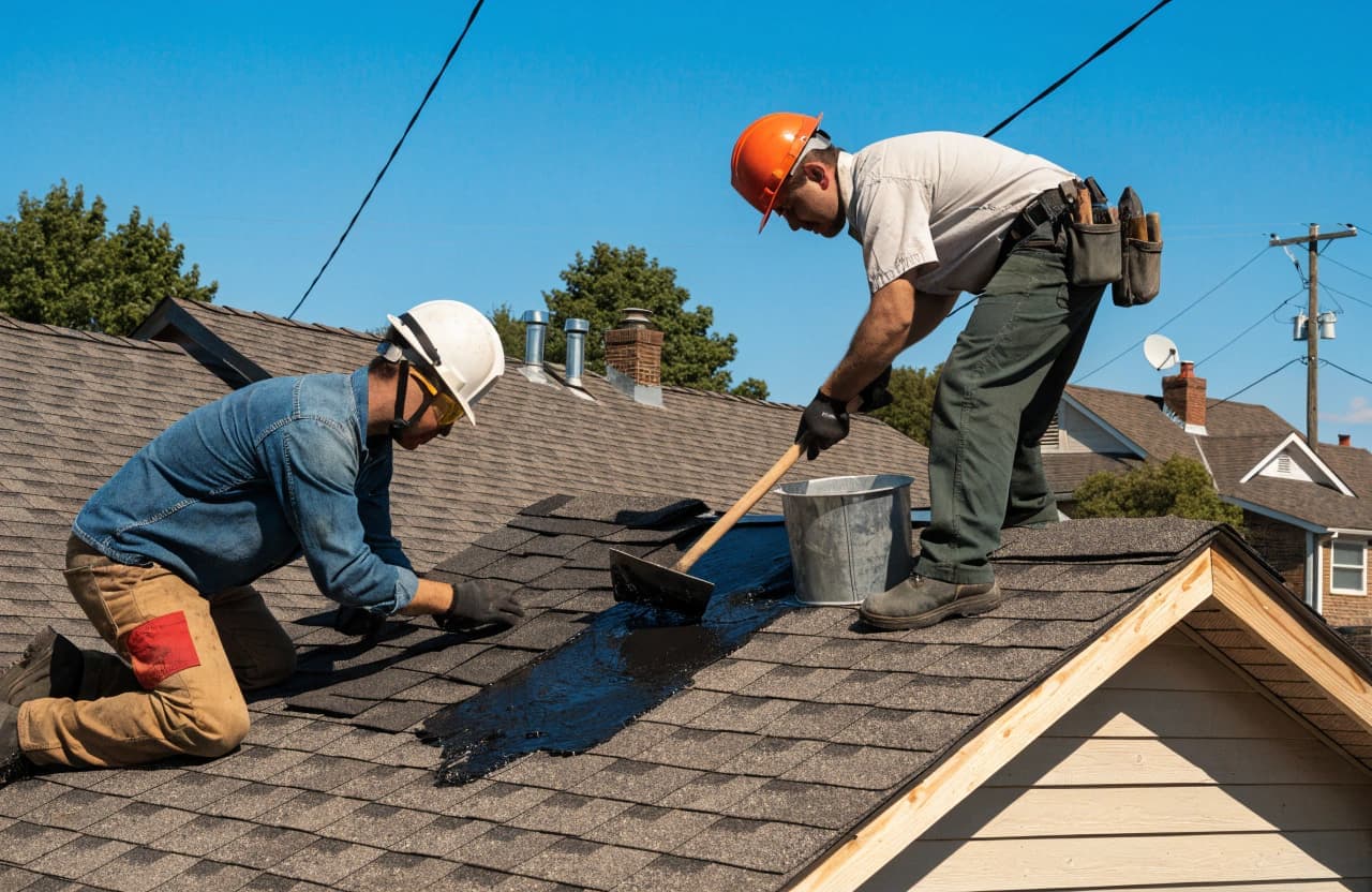 Roofing contractor inspecting shingles after storm damage