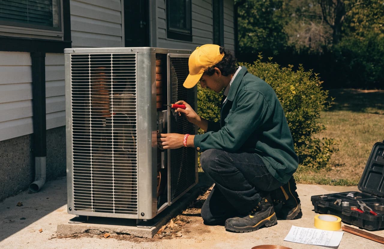 HVAC technician checking an outdoor air conditioning unit
