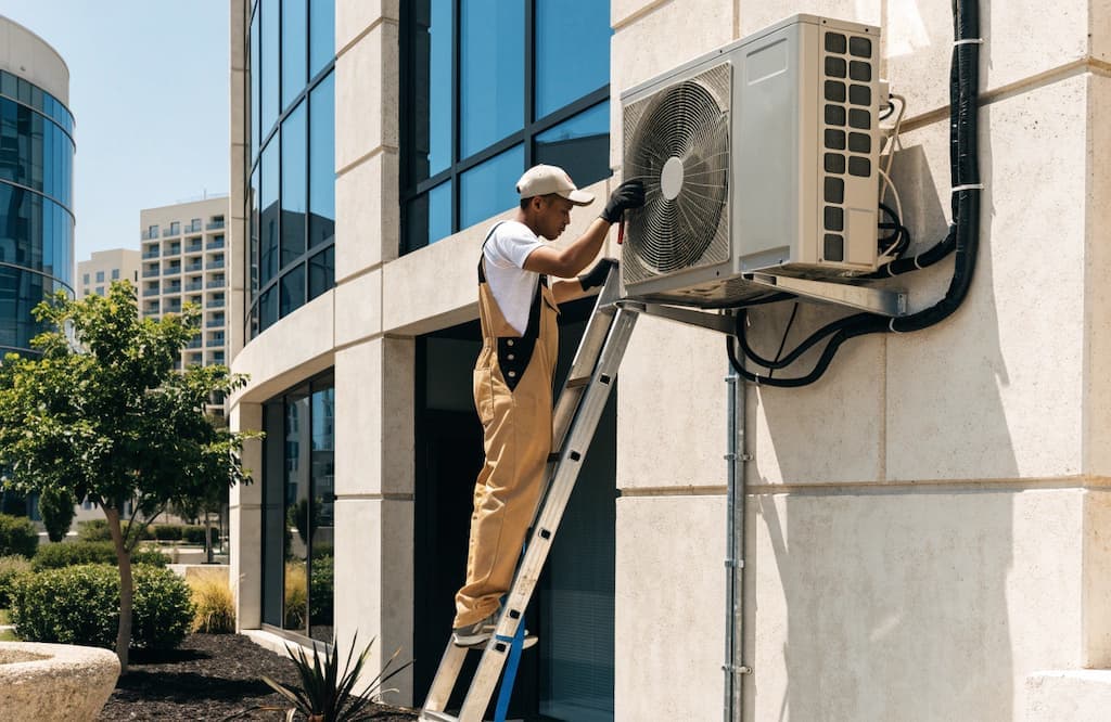 AC technician checking an air conditioning unit in a UAE home