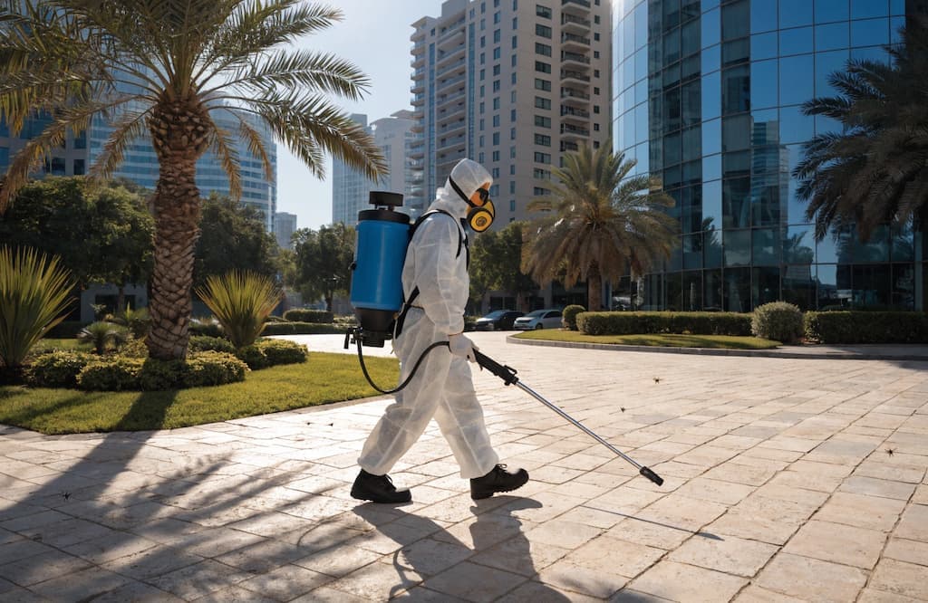 Pest control professional inspecting a home service area